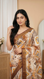Cream brown tissue silk saree with abstract print designer floral pallu