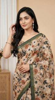 Beige floral tissue silk saree with olive green border designer pallu