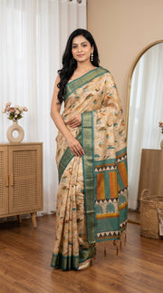 Beige tissue silk saree with teal green border artistic print mameraa