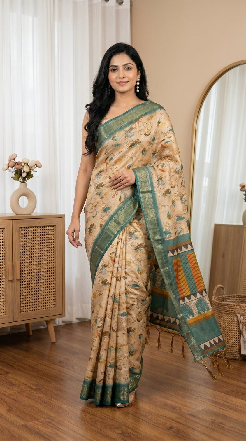 Beige tissue silk saree with teal green border artistic print