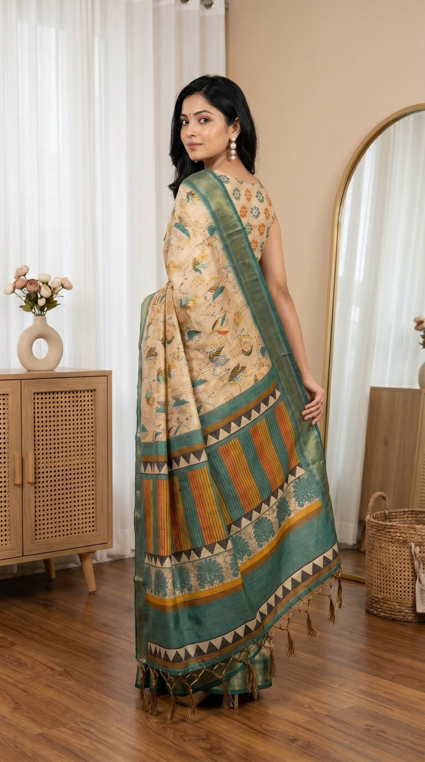 Beige tissue silk saree with teal green border artistic print