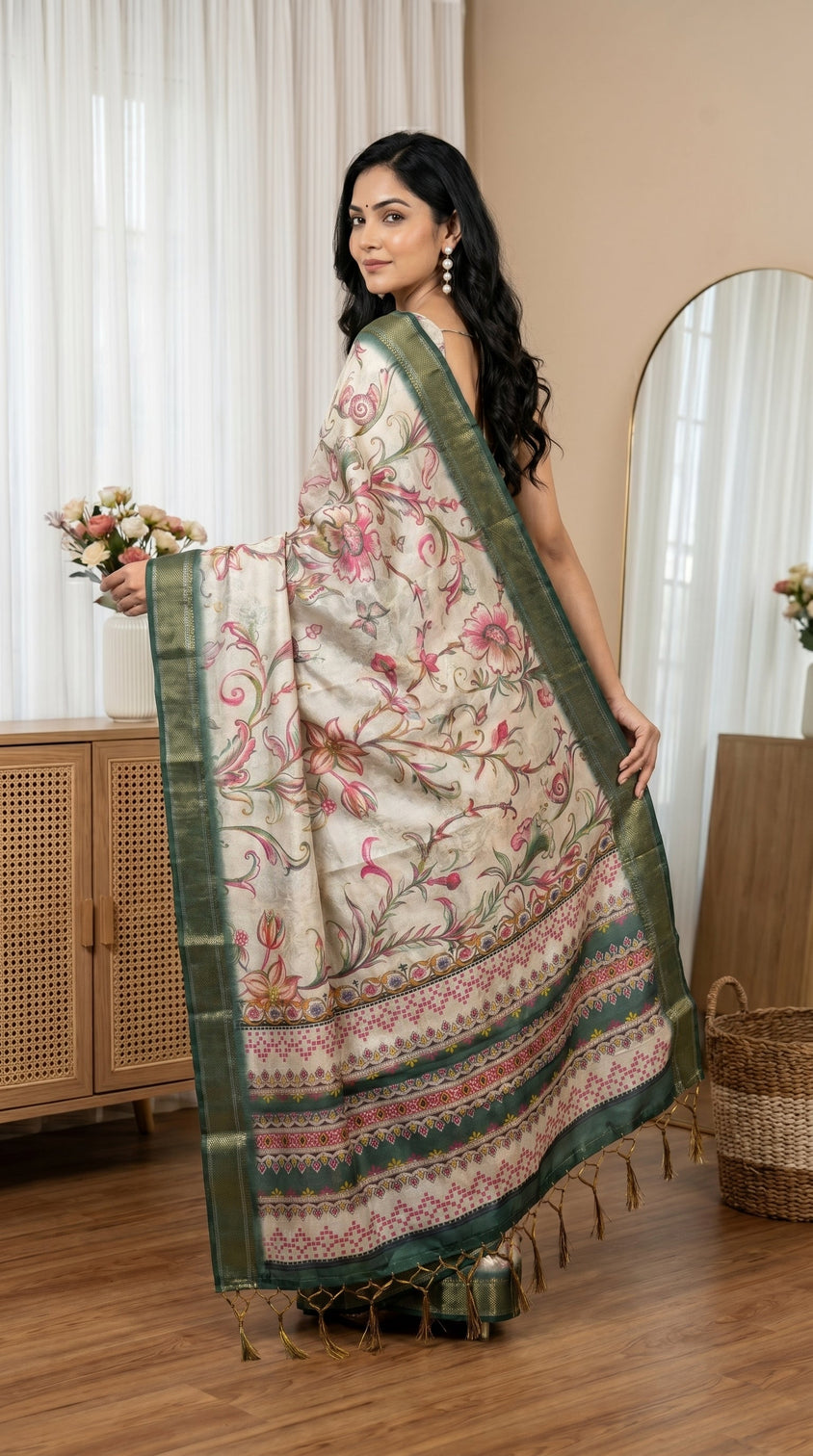 Off white tissue silk saree with floral print green zari border