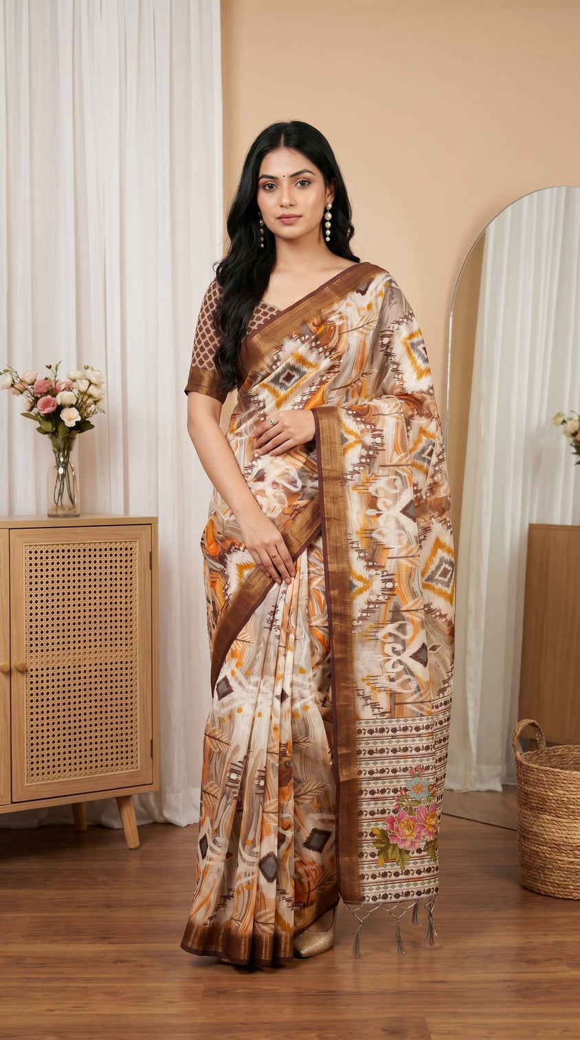 Cream brown tissue silk saree with abstract print designer floral pallu mameraa
