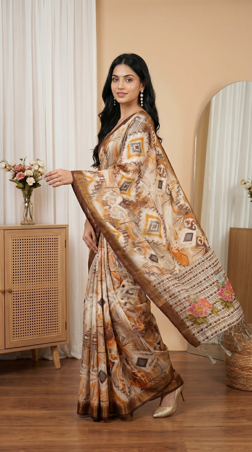 Cream brown tissue silk saree with abstract print designer floral pallu