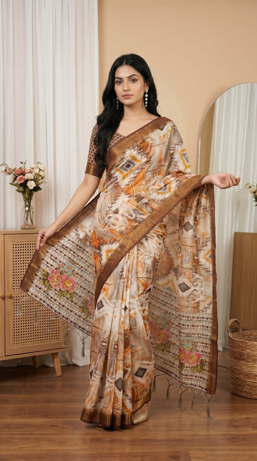 Cream brown tissue silk saree with abstract print designer floral pallu