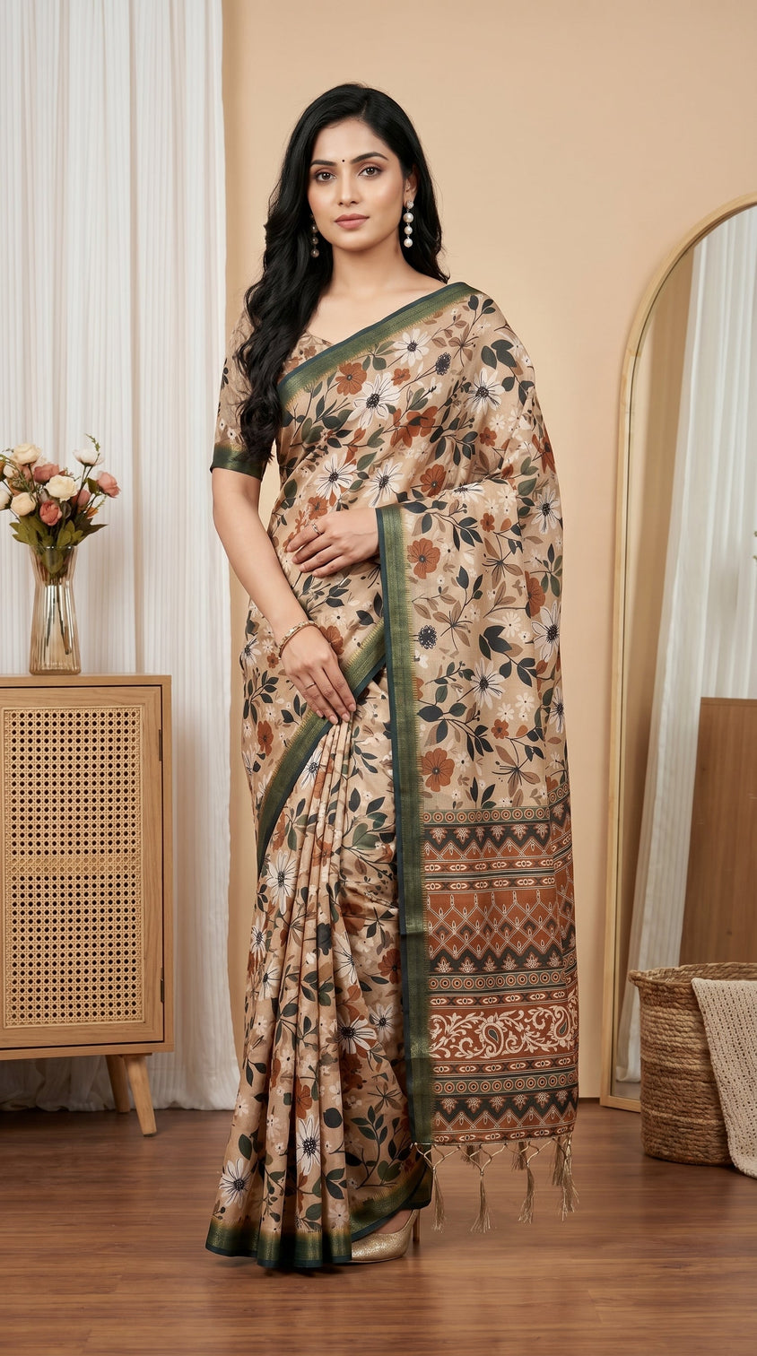 Beige floral tissue silk saree with olive green border designer pallu