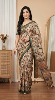 Beige floral tissue silk saree with olive green border designer pallu mameraa