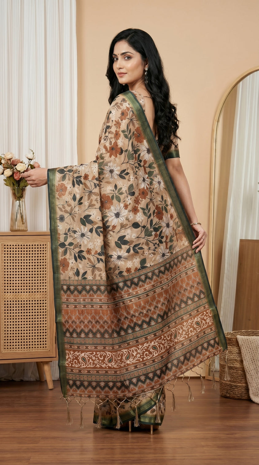 Beige floral tissue silk saree with olive green border designer pallu