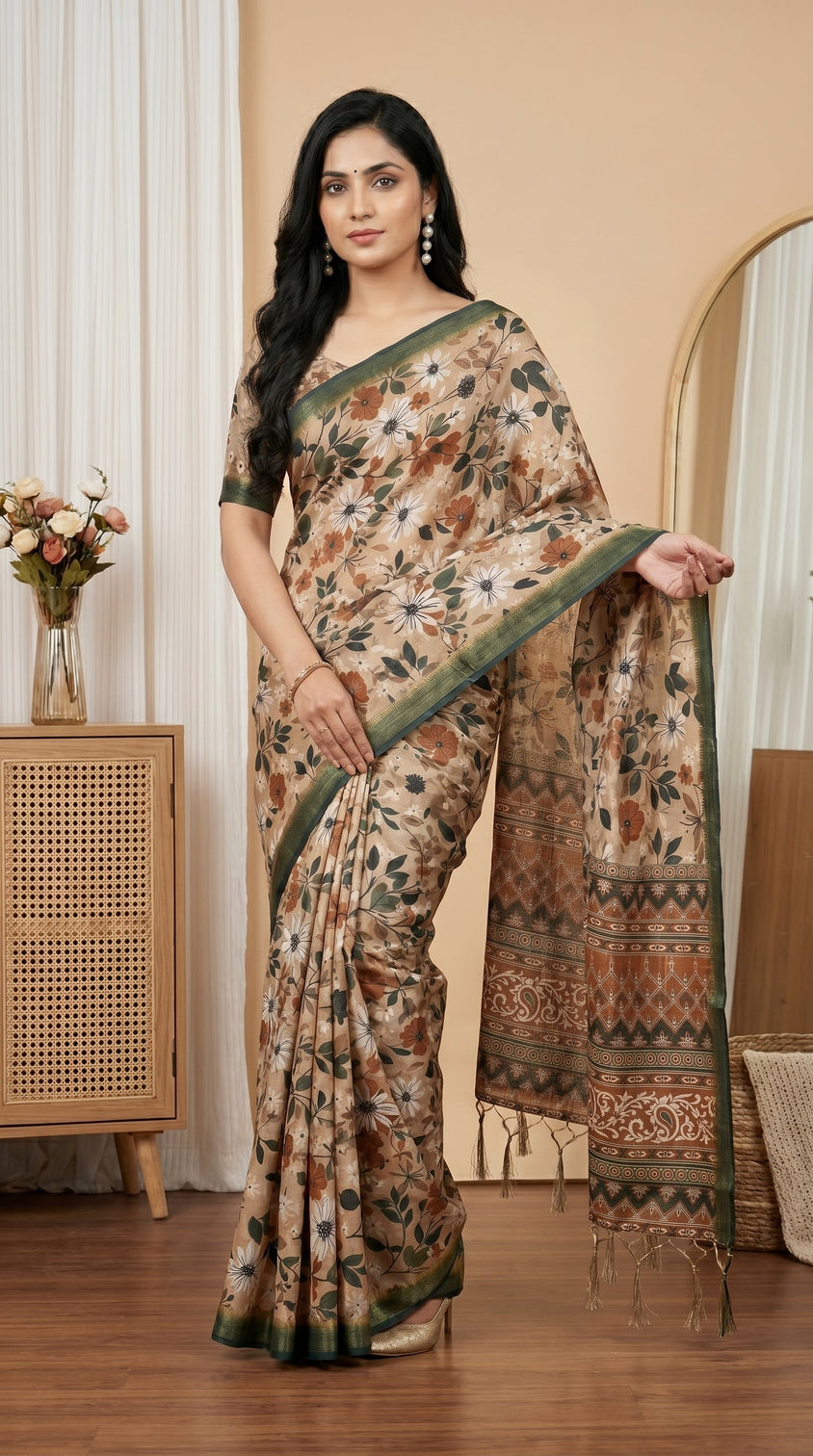 Beige floral tissue silk saree with olive green border designer pallu
