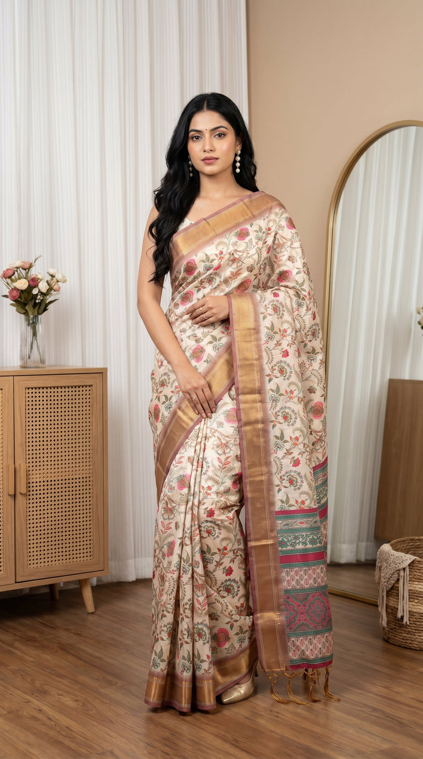 Elegant floral woven tissue silk saree with rich zari border
