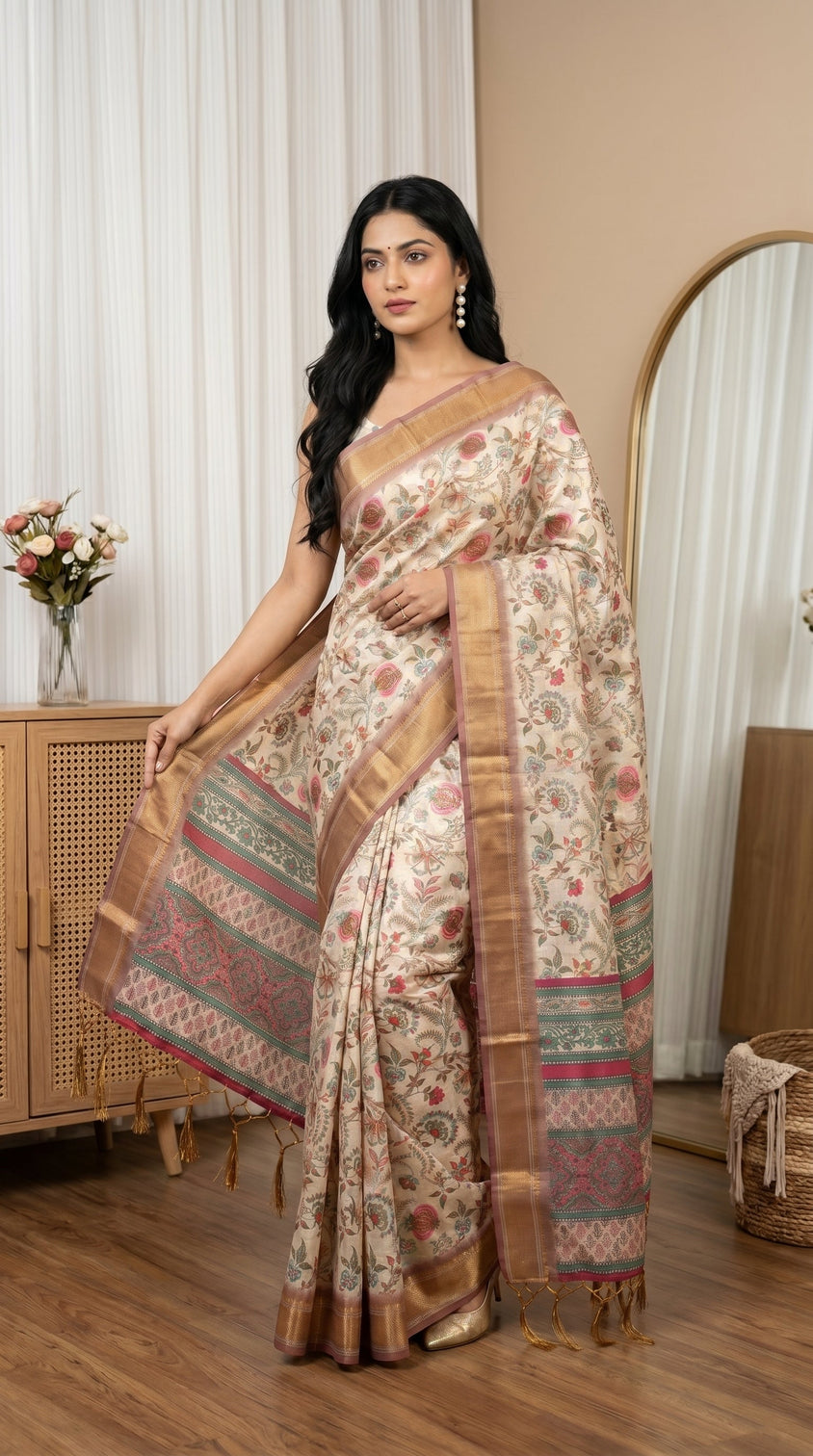 Elegant floral woven tissue silk saree with rich zari border