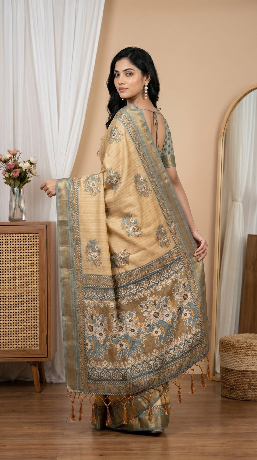 Graceful golden tissue silk saree with floral woven accents