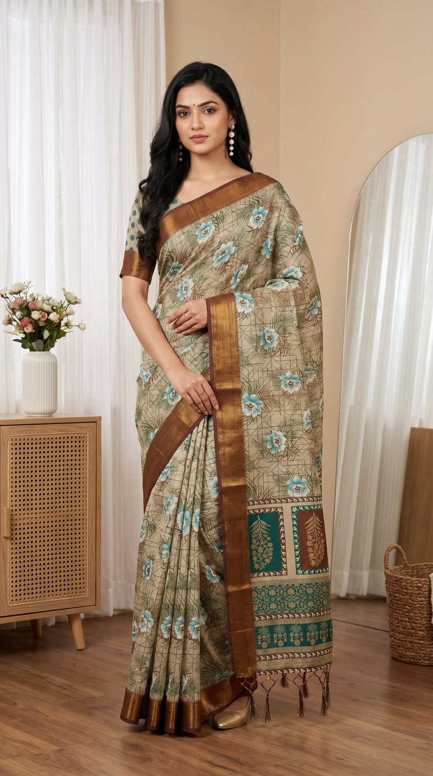 Beige aqua blue floral tissue saree with zari border and tassel pallu