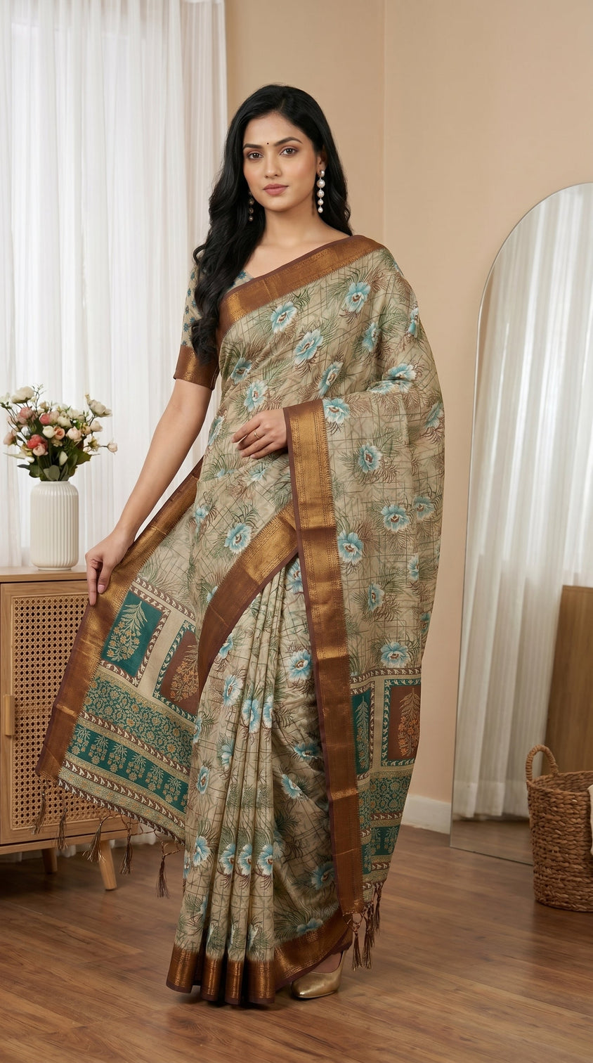 Beige aqua blue floral tissue saree with zari border and tassel pallu