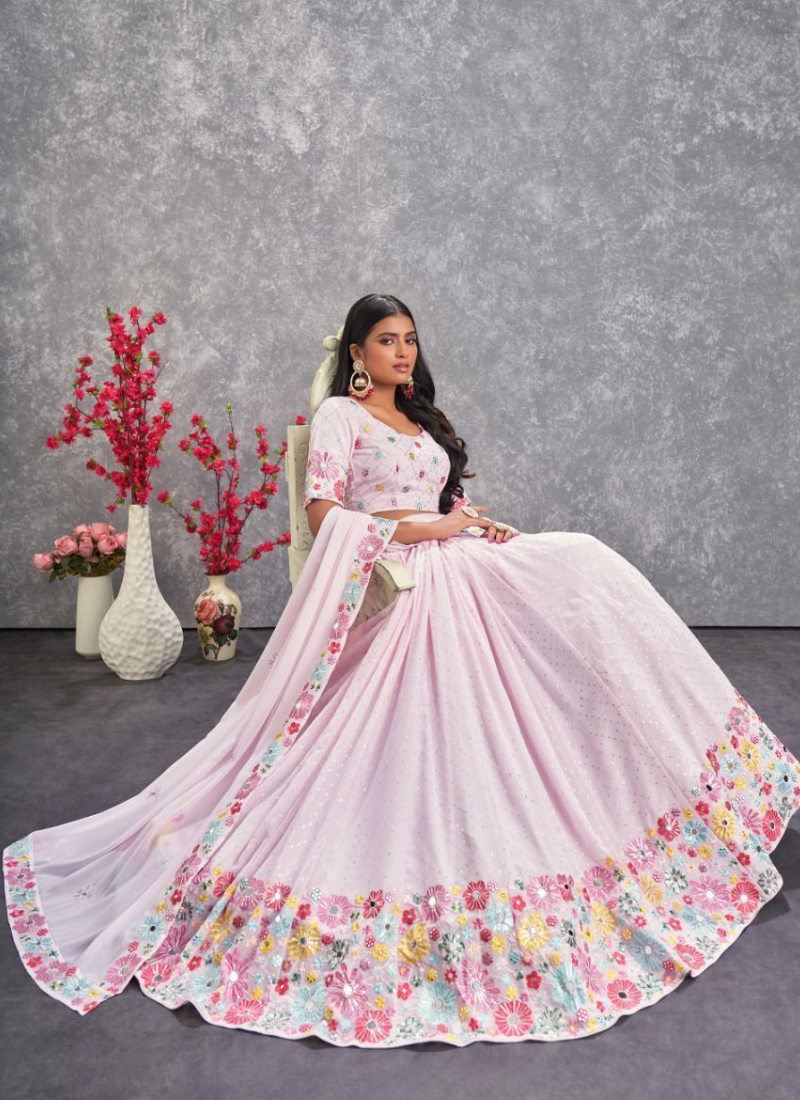 Unique Light Pink Embroidery Georgette Lehenga Choli