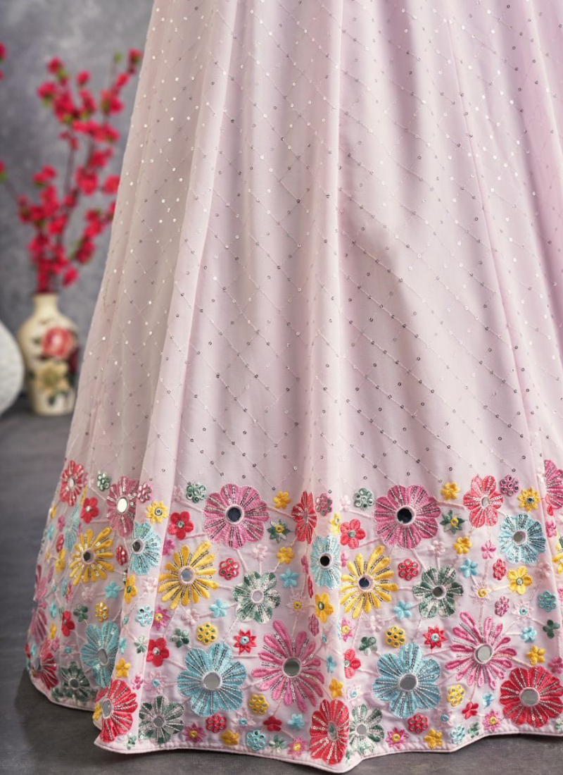 Unique Light Pink Embroidery Georgette Lehenga Choli