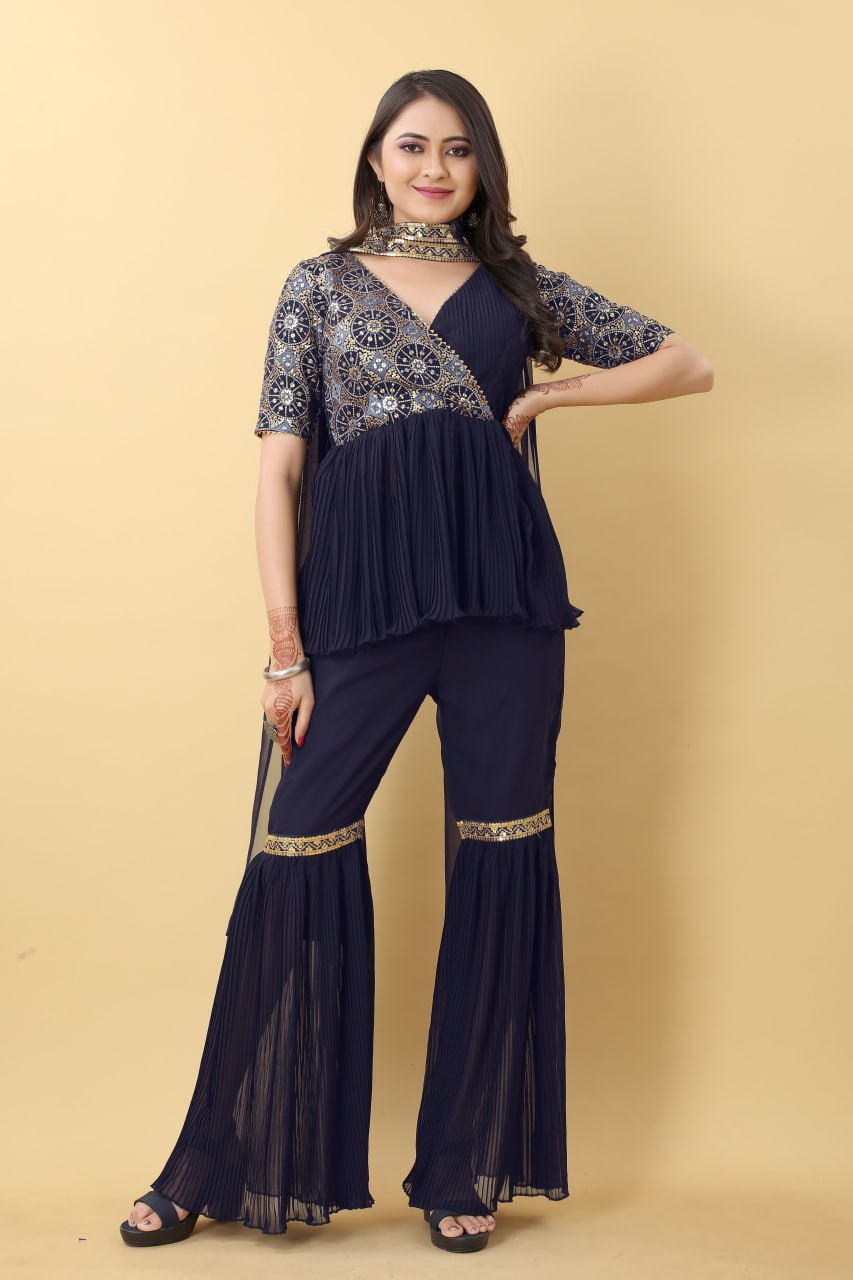 Unique Navy Blue Color Work With Pleated Sharara Set