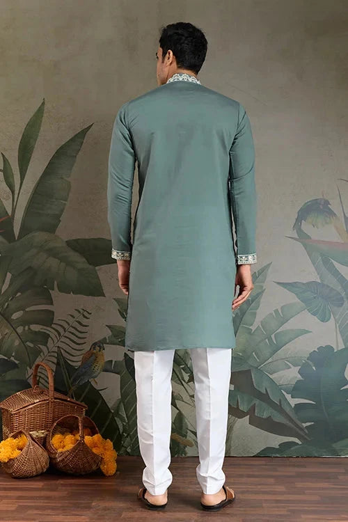 Pastel Pista Viscose Silk Embroidered Kurta for Men
