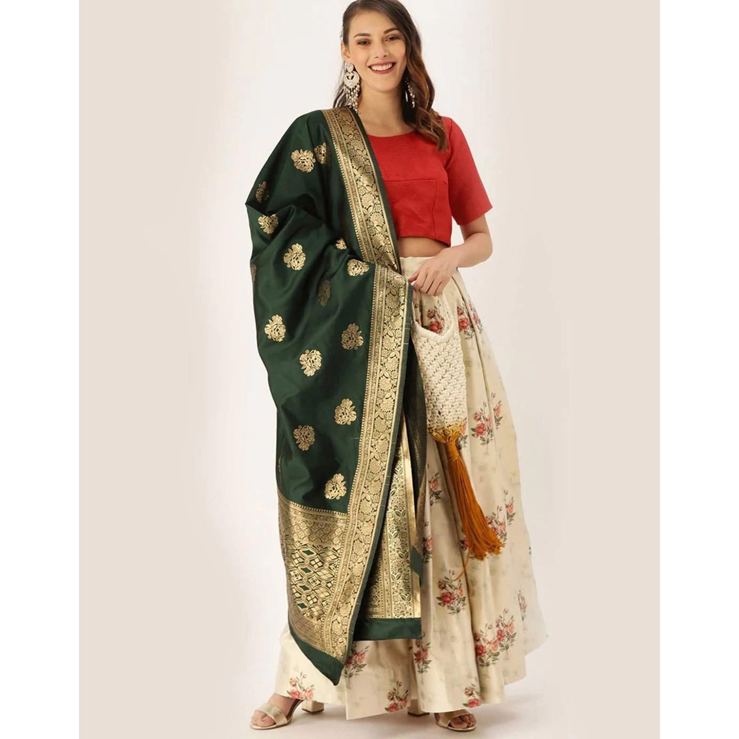 Floral Design Off White Lehenga With Banarasi Silk Dupatta