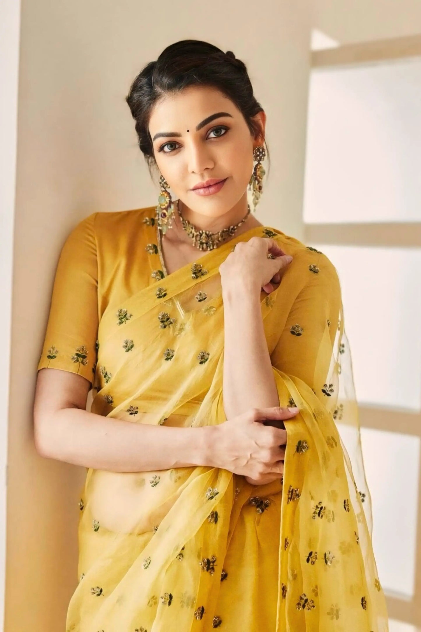 Actress Kajal Agrawal Yellow Saree For Haldi Function