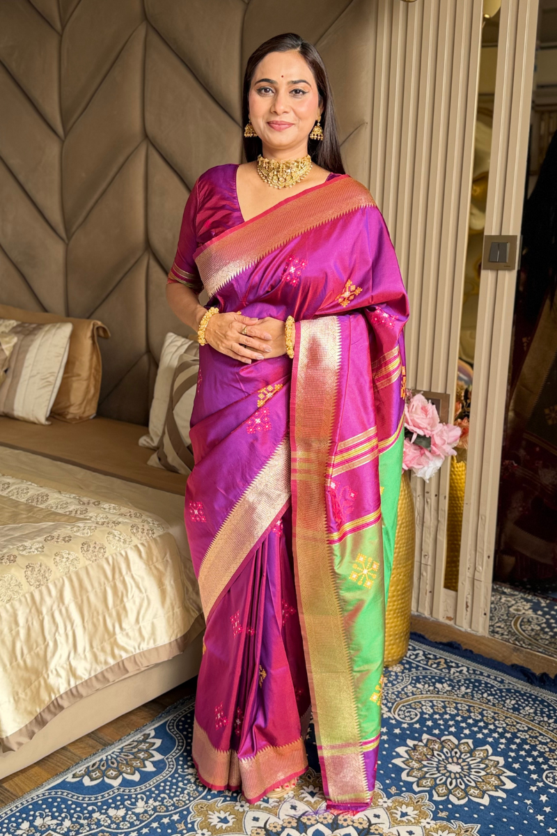 Magenta Soft Silk Ikkat Patola Saree with Meenakari Motifs Peacock Pallu and Gold Zari Border