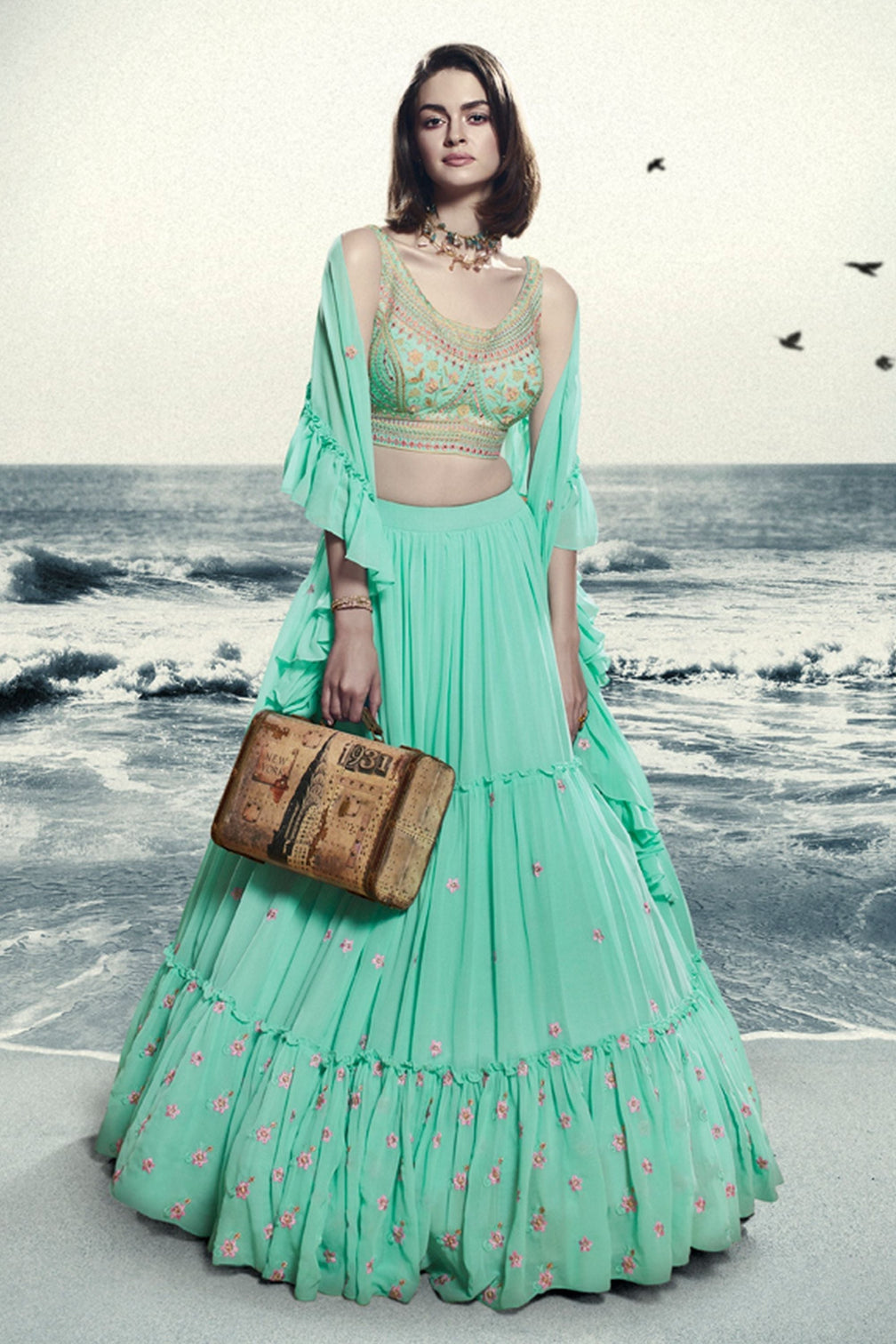 Blue Georgette Ruffle Lehenga Choli For Indian Festivals & Weddings - Thread Embroidery Work, Handwork Work