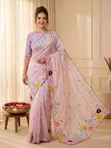 Baby Pink Original Glass Tissue Saree Designer Party Wear Saree With Multi Thread Embroidery Handwork Border Wedding Festive Saree