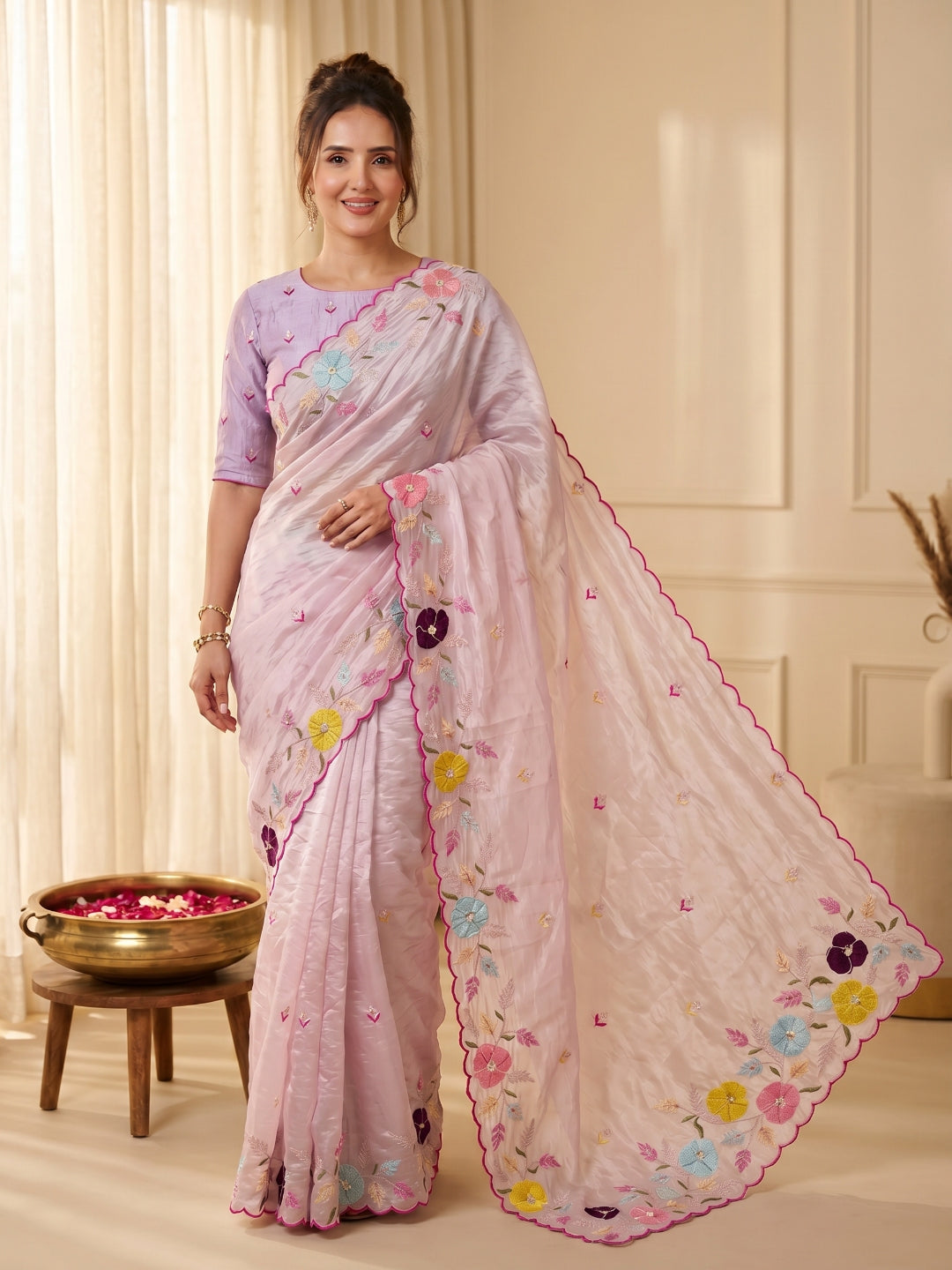 Baby Pink Original Glass Tissue Saree Designer Party Wear Saree With Multi Thread Embroidery Handwork Border Wedding Festive Saree