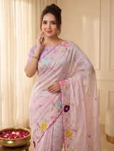 Baby Pink Original Glass Tissue Saree Designer Party Wear Saree With Multi Thread Embroidery Handwork Border Wedding Festive Saree