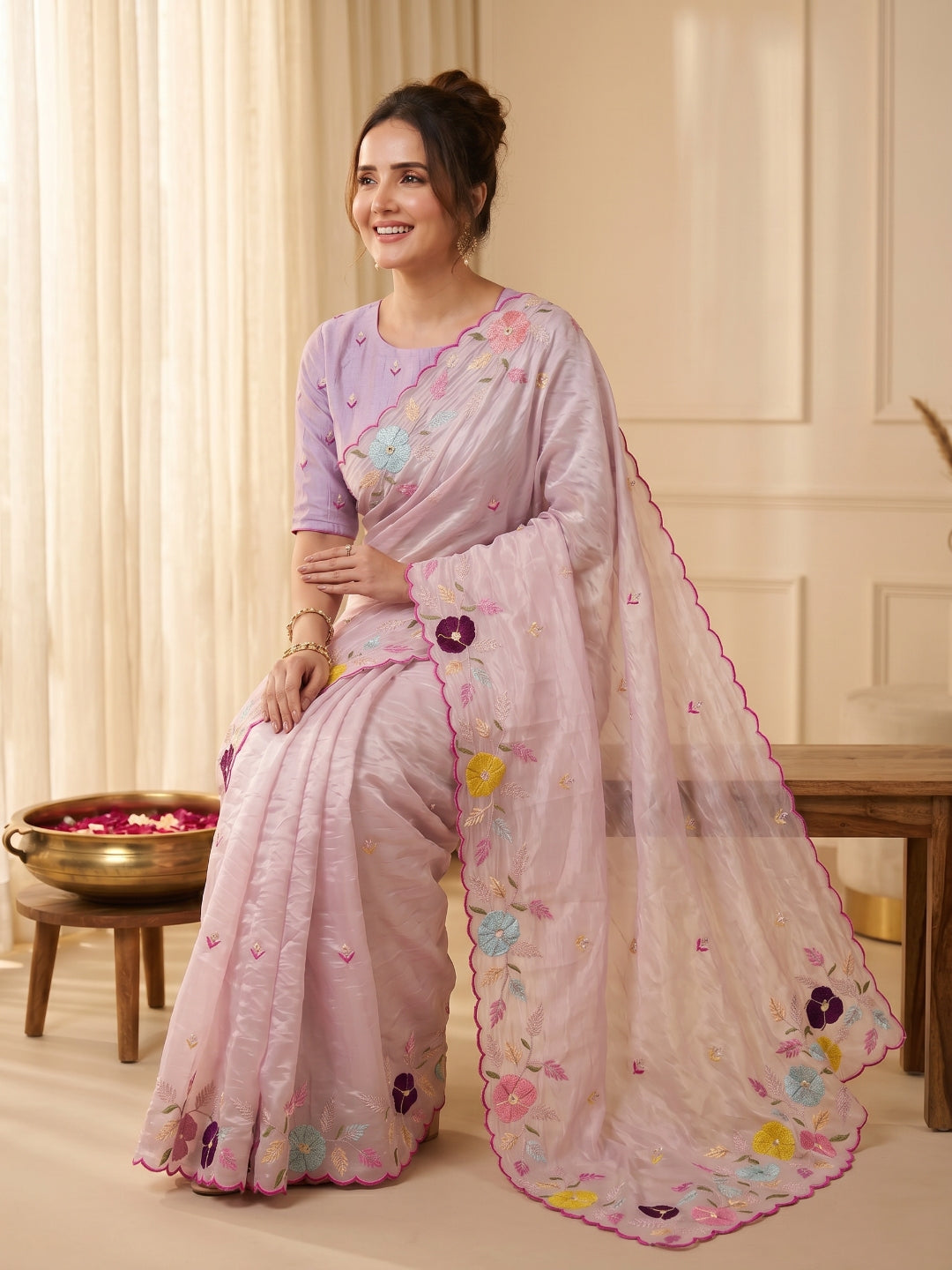 Baby Pink Original Glass Tissue Saree Designer Party Wear Saree With Multi Thread Embroidery Handwork Border Wedding Festive Saree