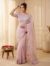 Baby Pink Original Glass Tissue Saree Designer Party Wear Saree With Multi Thread Embroidery Handwork Border Wedding Festive Saree