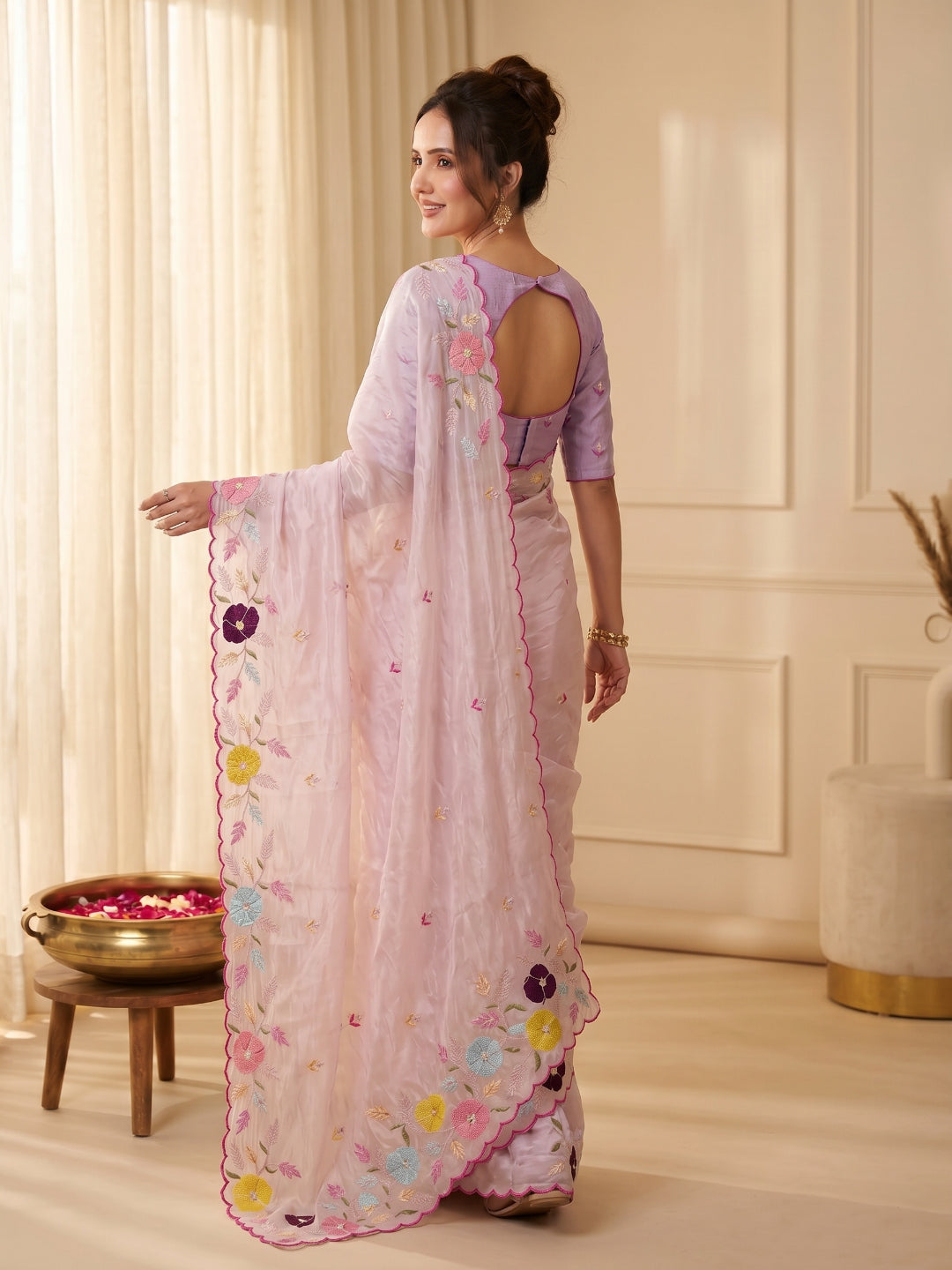 Baby Pink Original Glass Tissue Saree Designer Party Wear Saree With Multi Thread Embroidery Handwork Border Wedding Festive Saree