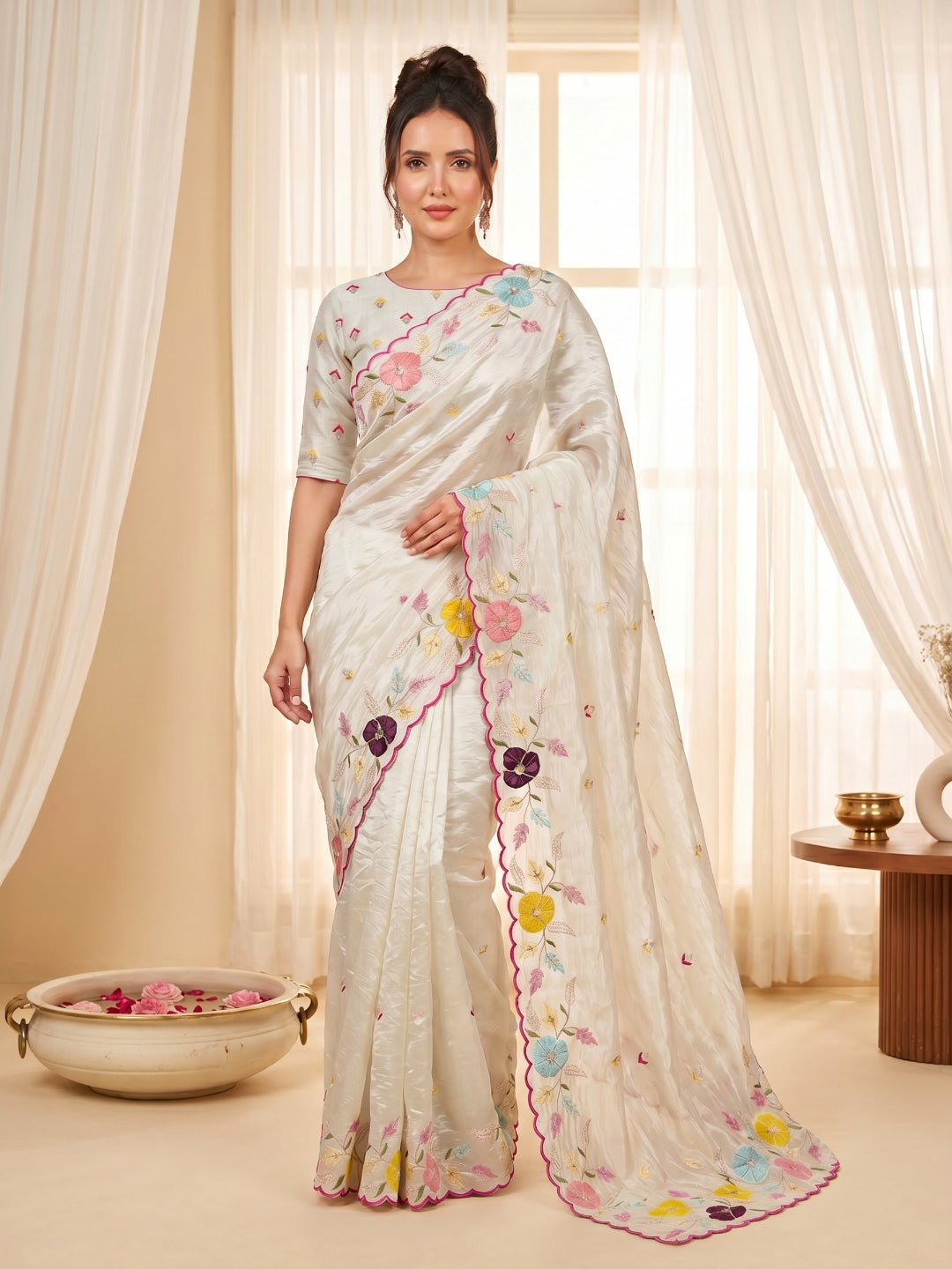 Cream Original Glass Tissue Saree Designer Party Wear Saree With Multi Thread Embroidery Handwork Border Wedding Festive Saree
