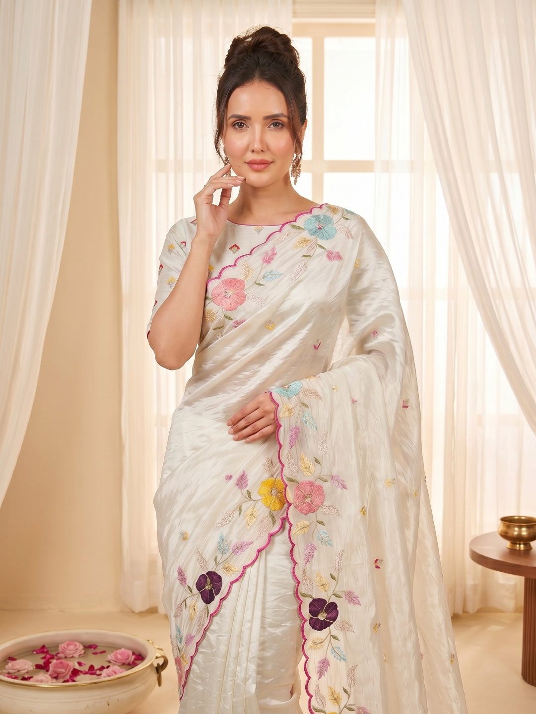 Cream Original Glass Tissue Saree Designer Party Wear Saree With Multi Thread Embroidery Handwork Border Wedding Festive Saree