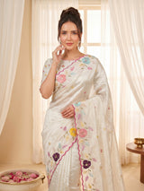 Cream Original Glass Tissue Saree Designer Party Wear Saree With Multi Thread Embroidery Handwork Border Wedding Festive Saree