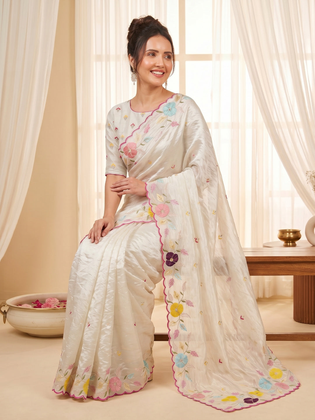 Cream Original Glass Tissue Saree Designer Party Wear Saree With Multi Thread Embroidery Handwork Border Wedding Festive Saree
