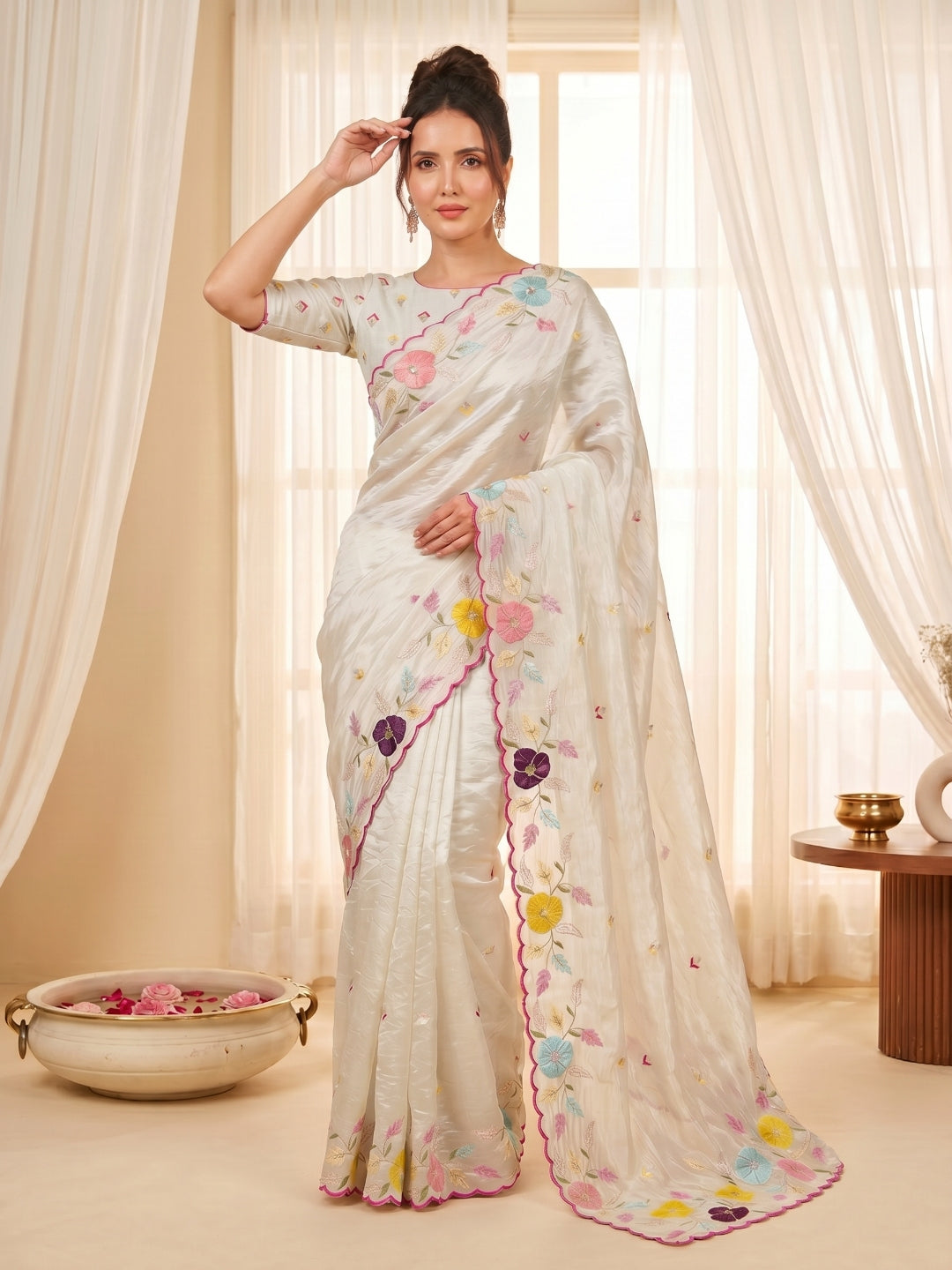 Cream Original Glass Tissue Saree Designer Party Wear Saree With Multi Thread Embroidery Handwork Border Wedding Festive Saree