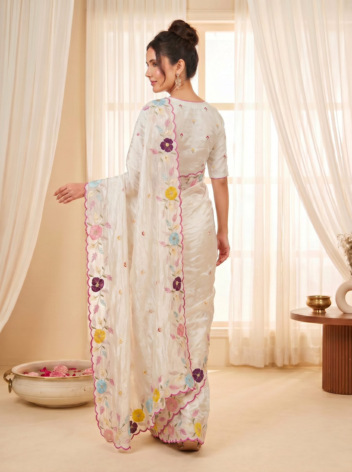 Cream Original Glass Tissue Saree Designer Party Wear Saree With Multi Thread Embroidery Handwork Border Wedding Festive Saree