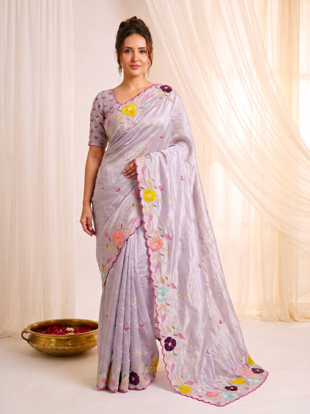 Lavender Original Glass Tissue Saree Designer Party Wear Saree With Multi Thread Embroidery Handwork Border Wedding Festive Saree