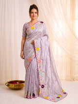 Lavender Original Glass Tissue Saree Designer Party Wear Saree With Multi Thread Embroidery Handwork Border Wedding Festive Saree