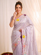Lavender Original Glass Tissue Saree Designer Party Wear Saree With Multi Thread Embroidery Handwork Border Wedding Festive Saree