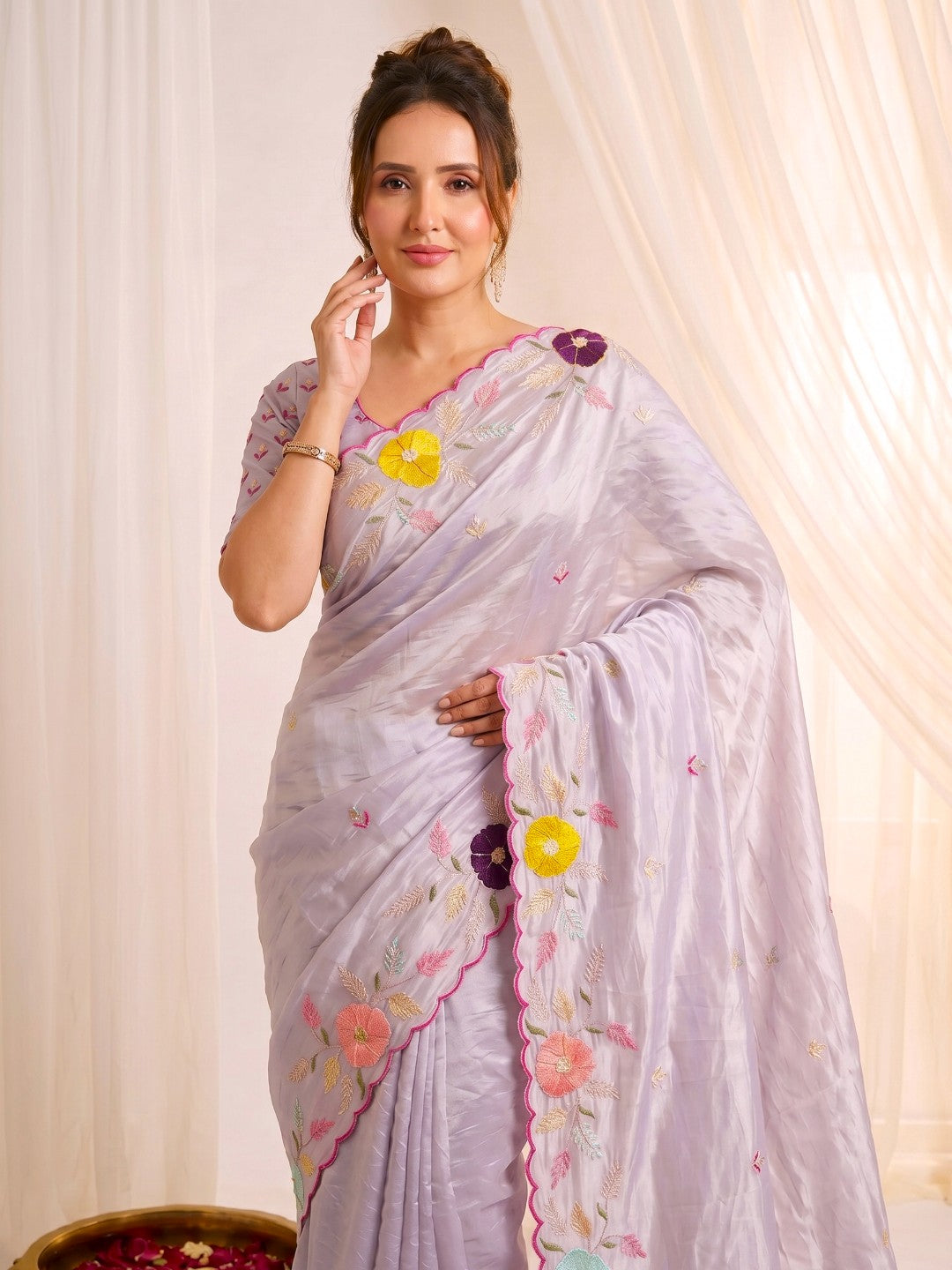 Lavender Original Glass Tissue Saree Designer Party Wear Saree With Multi Thread Embroidery Handwork Border Wedding Festive Saree