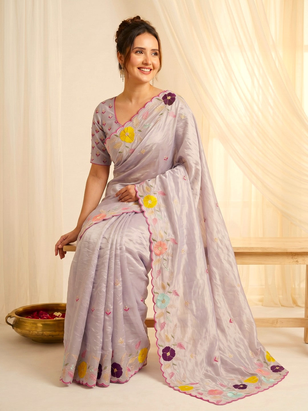 Lavender Original Glass Tissue Saree Designer Party Wear Saree With Multi Thread Embroidery Handwork Border Wedding Festive Saree