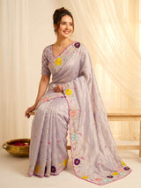 Lavender Original Glass Tissue Saree Designer Party Wear Saree With Multi Thread Embroidery Handwork Border Wedding Festive Saree