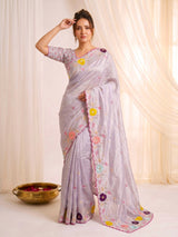 Lavender Original Glass Tissue Saree Designer Party Wear Saree With Multi Thread Embroidery Handwork Border Wedding Festive Saree