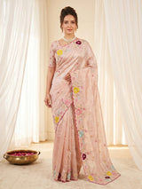 Peach Original Glass Tissue Saree Designer Party Wear Saree With Multi Thread Embroidery Handwork Border Wedding Festive Saree