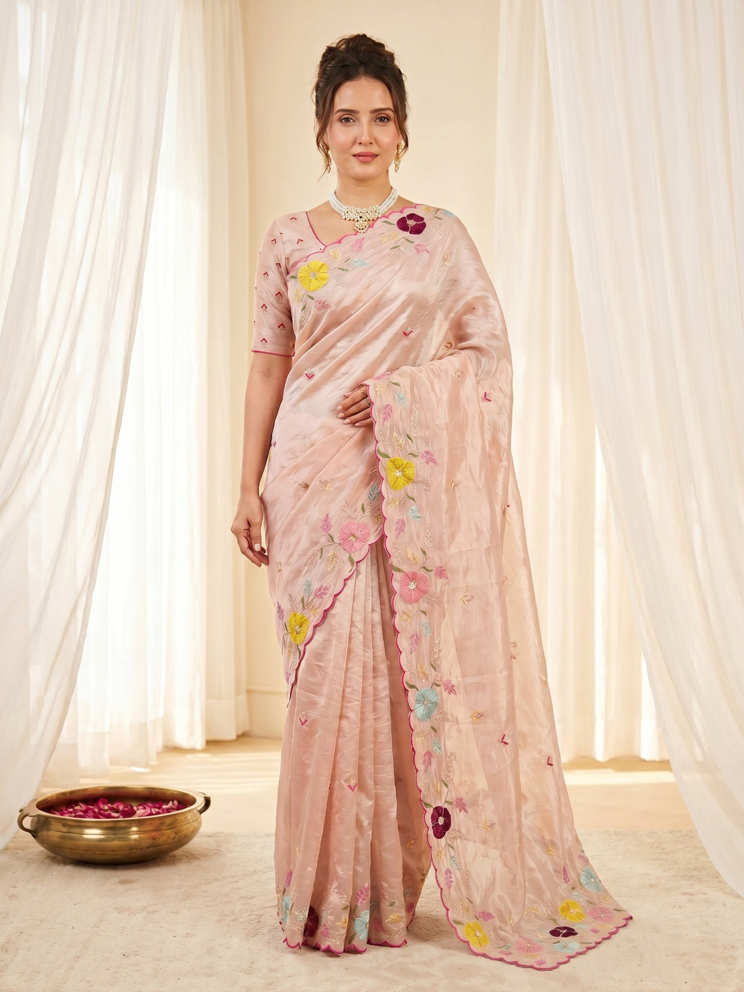 Peach Original Glass Tissue Saree Designer Party Wear Saree With Multi Thread Embroidery Handwork Border Wedding Festive Saree
