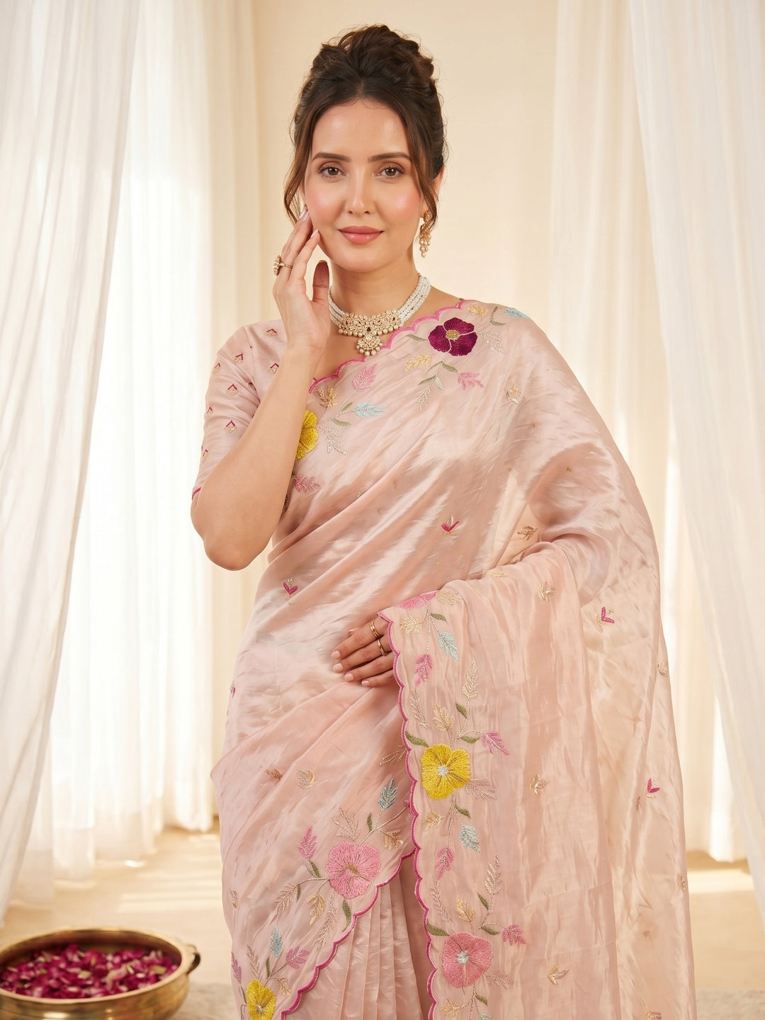 Peach Original Glass Tissue Saree Designer Party Wear Saree With Multi Thread Embroidery Handwork Border Wedding Festive Saree