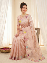 Peach Original Glass Tissue Saree Designer Party Wear Saree With Multi Thread Embroidery Handwork Border Wedding Festive Saree