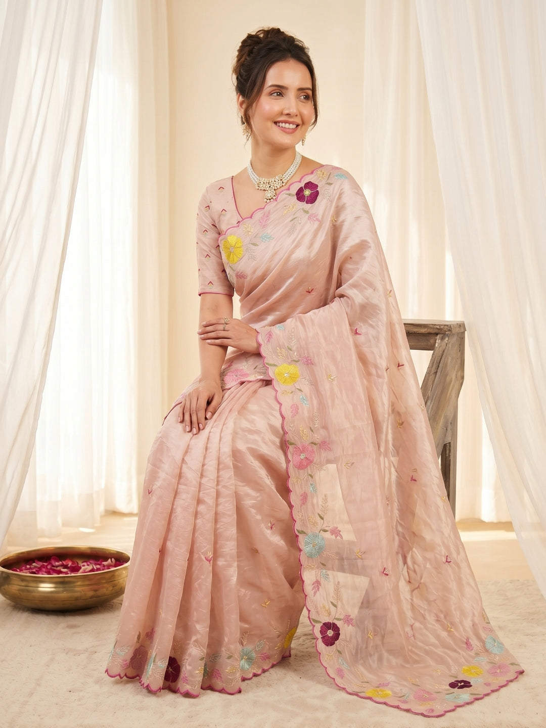 Peach Original Glass Tissue Saree Designer Party Wear Saree With Multi Thread Embroidery Handwork Border Wedding Festive Saree